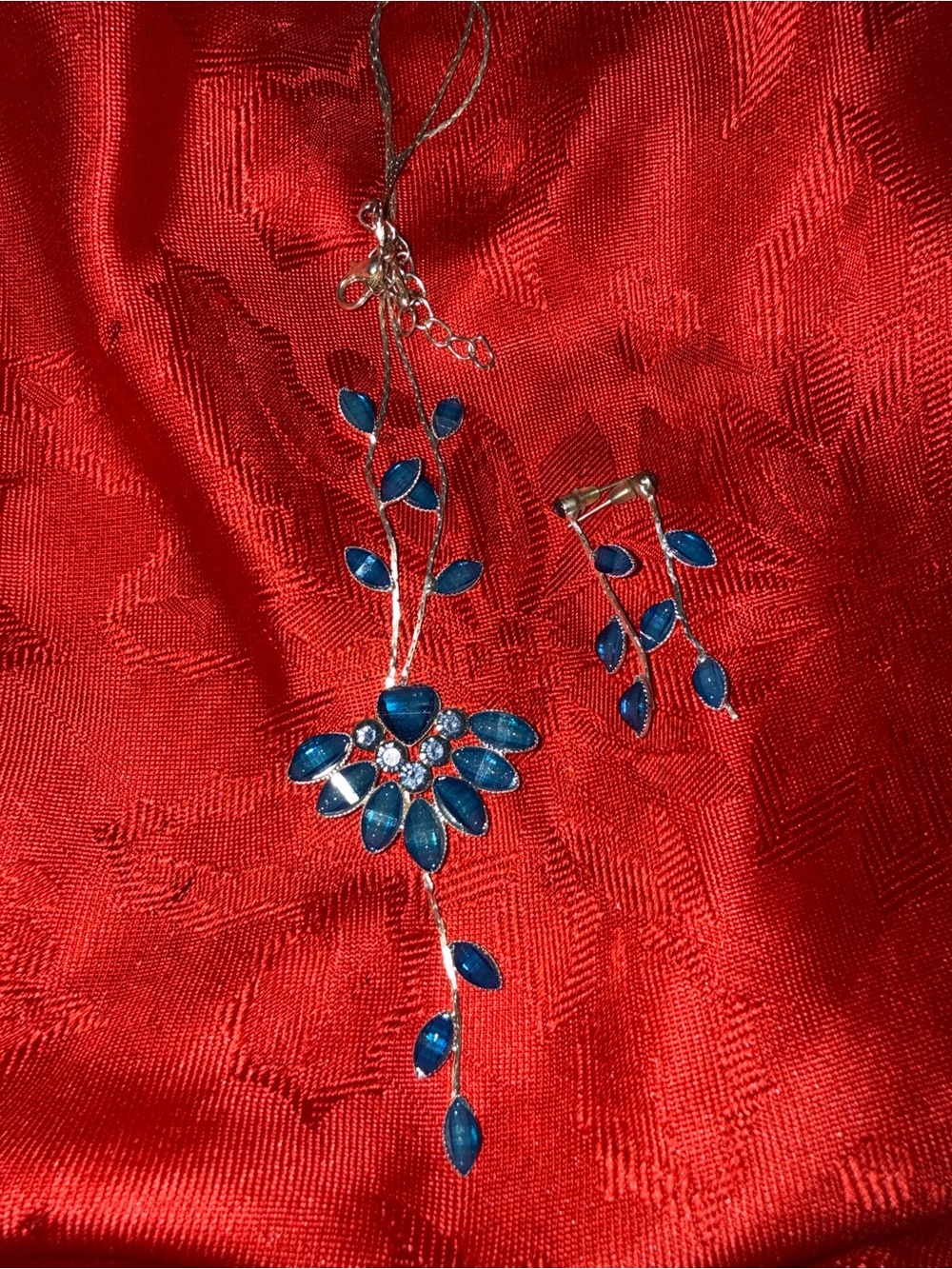 Blue Floral Drop Necklace and Earrings Set - Women Jewelry